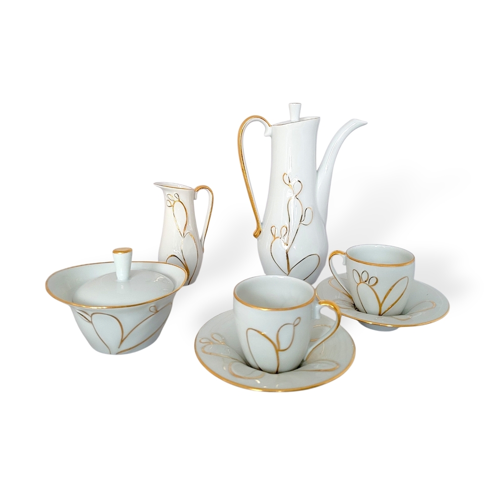 Naaman Israel Porcelain Coffee Set Gold Cactus Relief 7 Pc Vintage